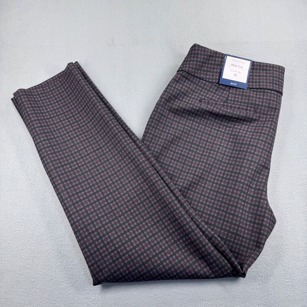 Charter Club Cambridge Slim Leg Plaid Pants Marooned Grey Size 16 NWT